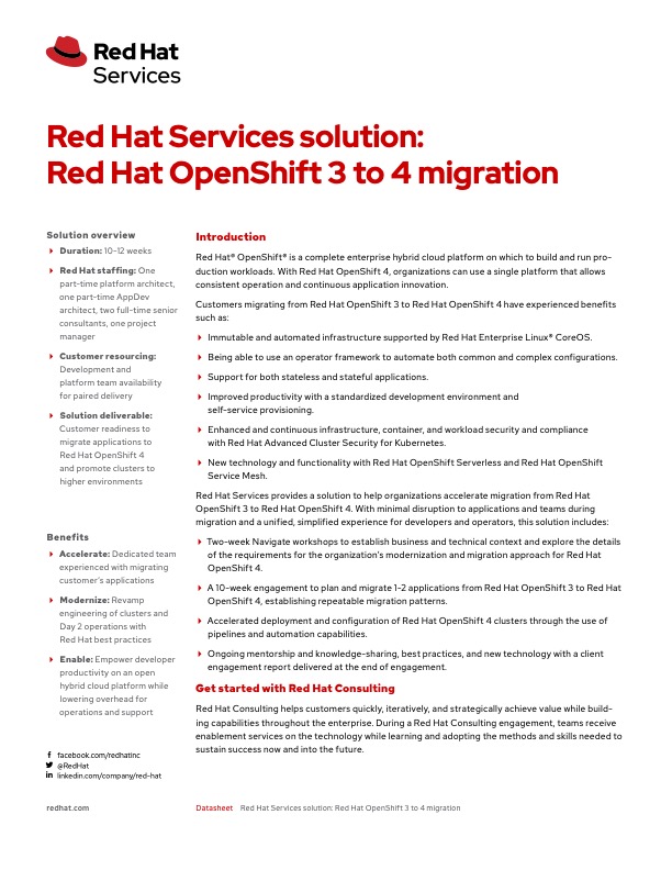 Red Hat Services Solution: Red Hat OpenShift 3 to 4 Migration